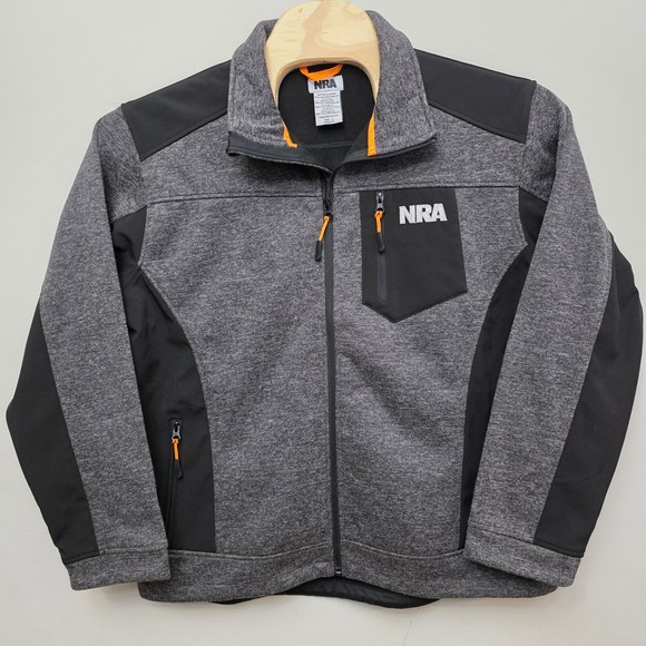 NRA Men's Large Grey Black Softshell Jacket Full Zip Logo Pockets National Rifle - Picture 2 of 9